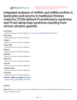 Integrated Analyses of Mirna and Mrna Pro Les in Leukocytes And