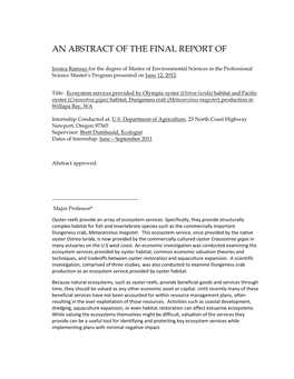 Ecosystem Services Provided by Olympia Oyster (Ostrea Lurida) Habitat and Pacific Oyster (Crassostrea Gigas) Habitat; Dungeness Crab (Metacarcinus Magister) Production in Willapa