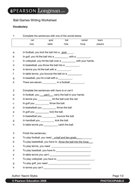 Ball Games Writing Worksheet