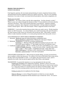 PRODUCTION HANDOUT 1: SCREEN GRAMMAR Like Linguistic Grammar, the Movement and Positioning of Camera, Transitions Between Shots