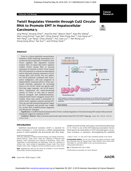 Twist1 Regulates Vimentin Through Cul2 Circular RNA to Promote EMT