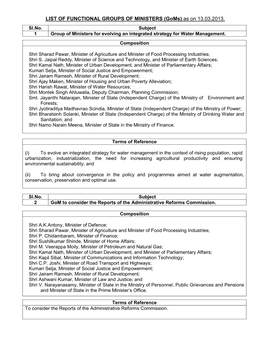 LIST of FUNCTIONAL GROUPS of MINISTERS (Goms) As on 13.03.2013