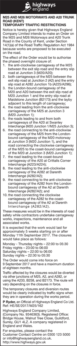 M25 and M26 Motorways and A20 Trunk