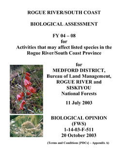 Rogue River/South Coast Biological Assessment Fy 04-08