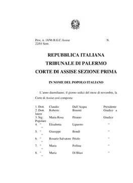 Repubblica Italiana Tribunale Di Palermo Corte Di Assise Sezione Prima