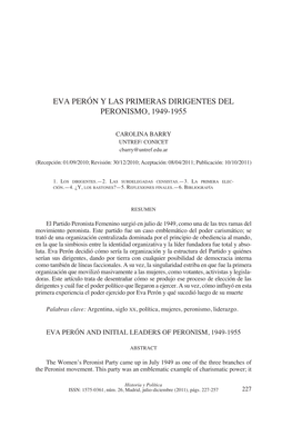 Eva Perón Y Las Primeras Dirigentes Del Peronismo, 1949-1955