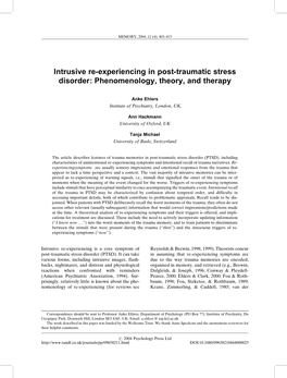 Intrusive Re-Experiencing in Post-Traumatic Stress Disorder: Phenomenology, Theory, and Therapy