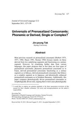 Universals of Prenasalized Consonants: Phonemic Or Derived, Single Or Complex?*