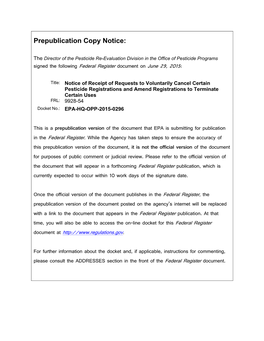 Notice of Receipt of Requests to Voluntarily Cancel Certain Pesticide Registrations and Amend Registrations to Terminate Certain