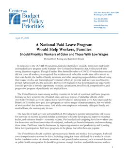 A National Paid Leave Program Would Help Workers, Families Should Prioritize Workers of Color and Those with Low Wages by Kathleen Romig and Kathleen Bryant