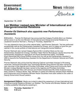 Len Webber Named New Minister of International and Intergovernmental Relations Premier Ed Stelmach Also Appoints New Parliamentary Assistants