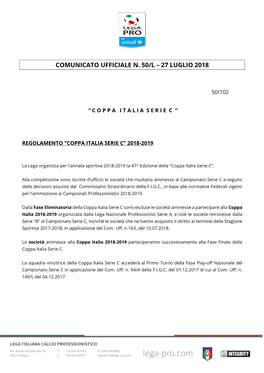 Comunicato Ufficiale N. 50/L – 27 Luglio 2018