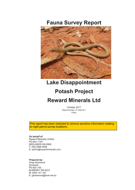 Fauna Survey Report Lake Disappointment Potash Project Reward Minerals
