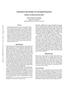 Arxiv:1809.02232V1 [Cs.AI] 6 Sep 2018 Rameterized Game Design Spaces Or Entire Games for a System Dynamics