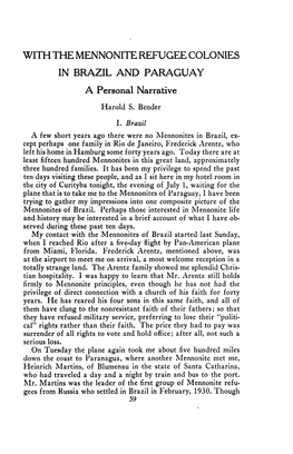 WITH the MENNONITE REFUGEE COLONIES in BRAZIL and PARAGUAY a Personal Narrative Harold S