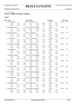 RESULTATLISTE 02.11.2018 - 04.11.2018 Rogaland Svømmekrets Aquarama
