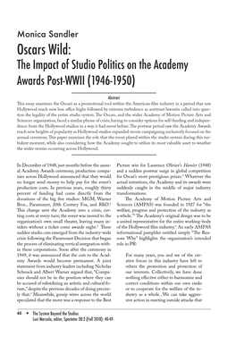 Oscars Wild: the Impact of Studio Politics on the Academy Awards Post-WWII (1946-1950)