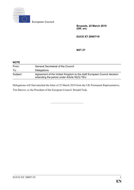 EUCO XT 20007/19 1 Delegations Will Find Attached the Letter of 22 March