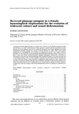 Reversed Plumage Ontogeny in a Female Hummingbird: Implications for the Evolution of Iridescent Colours and Sexual Dichromatisrn