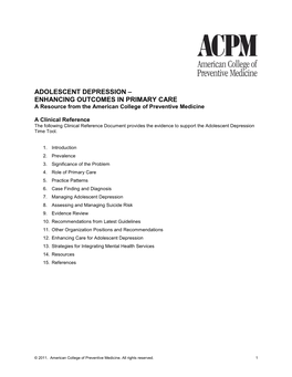 ADOLESCENT DEPRESSION – ENHANCING OUTCOMES in PRIMARY CARE a Resource from the American College of Preventive Medicine
