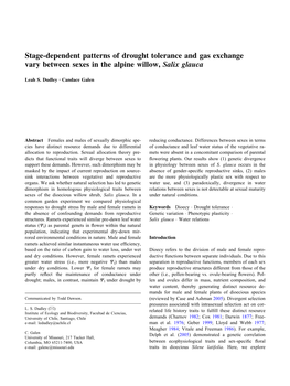 Stage-Dependent Patterns of Drought Tolerance and Gas Exchange Vary Between Sexes in the Alpine Willow, Salix Glauca