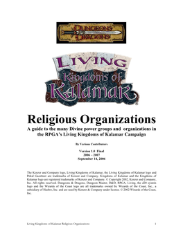 Religious Organizations a Guide to the Many Divine Power Groups and Organizations in the RPGA’S Living Kingdoms of Kalamar Campaign