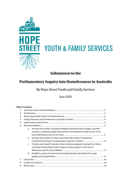Submission to the Parliamentary Inquiry Into Homelessness in Australia