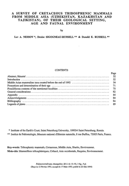 A Survey of Cretaceous Tribosphenic Mammals from Middle Asia (Uzbekistan, Kazakhstan and Tajikistan), of Their Geological Setting, Age and Faunal Environment