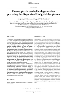 Paraneoplastic Cerebellar Degeneration Preceding the Diagnosis of Hodgkin’S Lymphoma