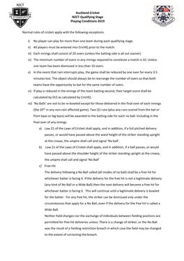 Auckland Cricket NZCT Qualifying Stage Playing Conditions 2019