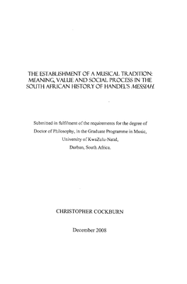 Meaning, Value and Social Process in the South African History of Handel's Messiah