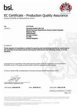 EC Certificate - Production Quality Assurance Directive 93/42/EEC on Medical Devices, Annex V