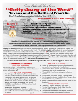 “Gettysburg of the West” Texans and the Battle of Franklin Hood’S Texas Brigade Association Battlefield Tour • 2017 $595: Airfare & Hotel NOT Included