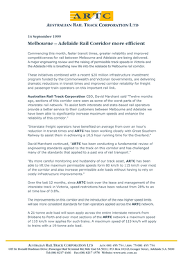 Melbourne – Adelaide Rail Corridor More Efficient