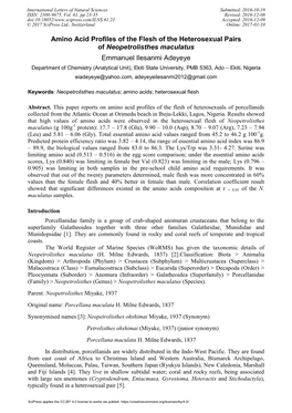 Amino Acid Profiles of the Flesh of the Heterosexual Pairs Of