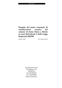 Progetto Del Piano Comunale Di Classificazione Acustica Del Comune Di Santa Maria a Monte Ai Sensi Dell'articolo 4 Della Legge Regionale 89/1998