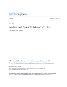 Lanthorn, Vol. 27, No. 20, February 27, 1993 Grand Valley State University