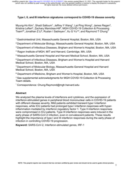 Type I, II, and III Interferon Signatures Correspond to COVID-19 Disease Severity