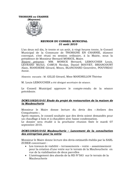 REUNION DU CONSEIL MUNICIPAL 31 Août 2010 L'an Deux Mil Dix, Le