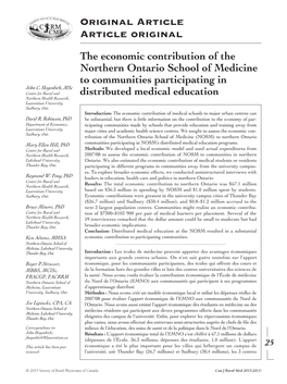 Original Article Article Original the Economic Contribution of the Northern Ontario School Of