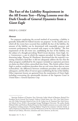 The Fact of the Liability Requirement in the All Events Test—Flying Lessons Over the Dark Clouds of General Dynamics from a Giant Eagle