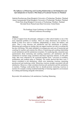 The Influence of Mentoring and Coaching Relationship on Job Satisfaction and Life Satisfaction in Teachers: Pilot Study of Vocational Teachers in Thailand