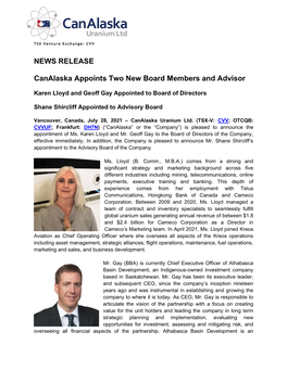 NEWS RELEASE Canalaska Appoints Two New Board Members And