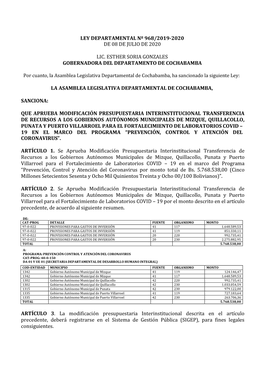 Ley Departamental Nº 968/2019-2020 De 08 De Julio De 2020 Lic. Esther