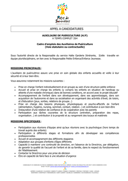 APPEL a CANDIDATURES Attention Positionnement À Droite !!!! AUXILIAIRE DE PUERICULTURE (H/F) a TEMPS COMPLET 35H