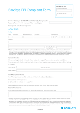 Barclays PPI Complaint Form Our Reference Number Your Account Number