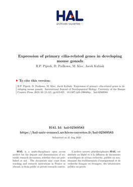 Expression of Primary Cilia-Related Genes in Developing Mouse Gonads R.P