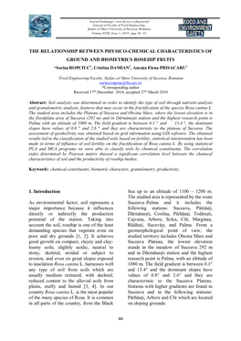 THE RELATIONSHIP BETWEEN PHYSICO-CHEMICAL CHARACTERISTICS of GROUND and BIOMETRICS ROSEHIP FRUITS *Sorina ROPCIUC1, Cristina DAMIAN1, Ancuța Elena PRISACARU1