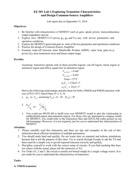 EE 501 Lab 1 Exploring Transistor Characteristics and Design Common-Source Amplifiers