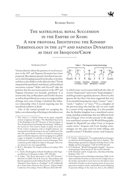 The Matrilineal Royal Succession in the Empire of Kush: a New Proposal Identifying the Kinship Terminology in the 25Th and Napatan Dynasties As That of Iroquois/Crow